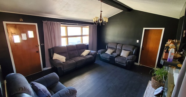 living room with an inviting chandelier, wood-type flooring, vaulted ceiling with beams, and a textured ceiling