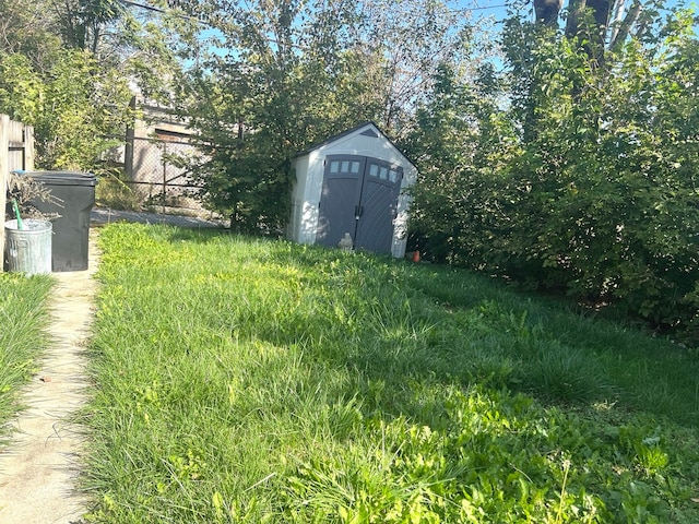 view of yard featuring a shed