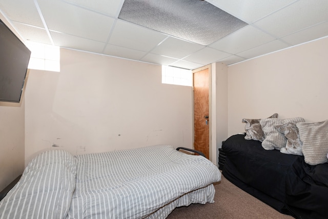 bedroom with carpet floors and a drop ceiling