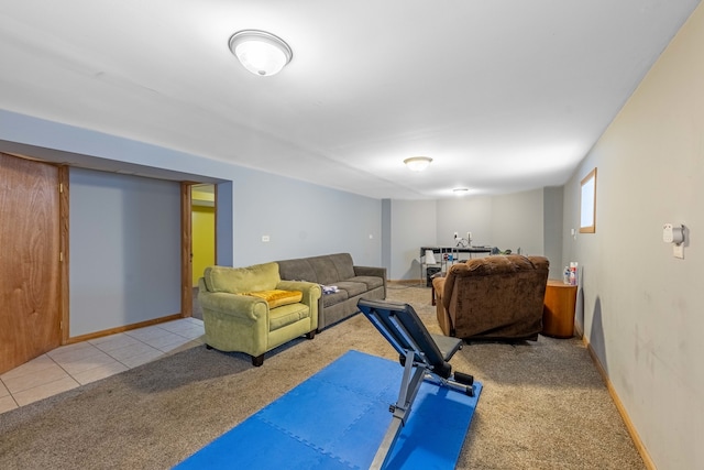 workout room with light colored carpet