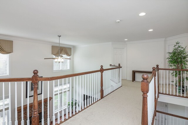 corridor featuring ornamental molding and a wealth of natural light