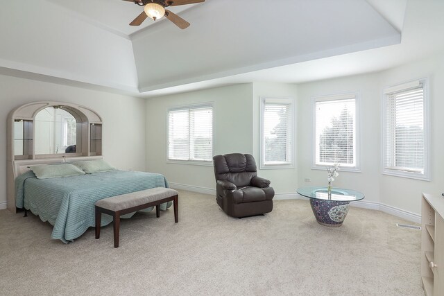 carpeted bedroom featuring a raised ceiling and ceiling fan