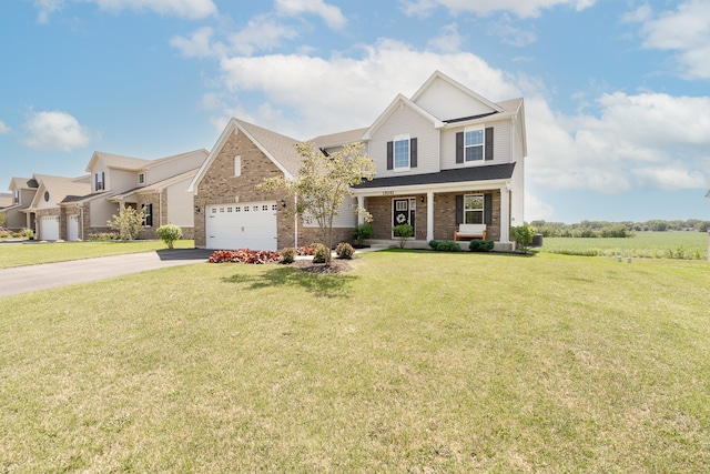 view of front of home featuring a porch, a front yard, and a garage