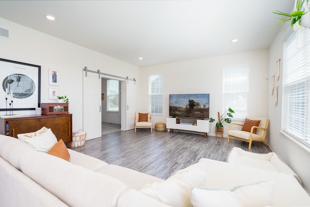 living room featuring a barn door, plenty of natural light, and dark wood-type flooring