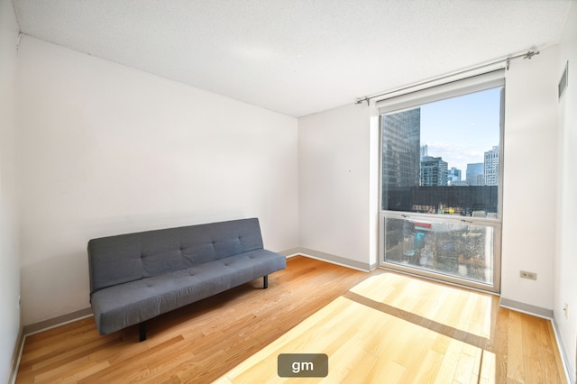 living area with hardwood / wood-style floors and a textured ceiling