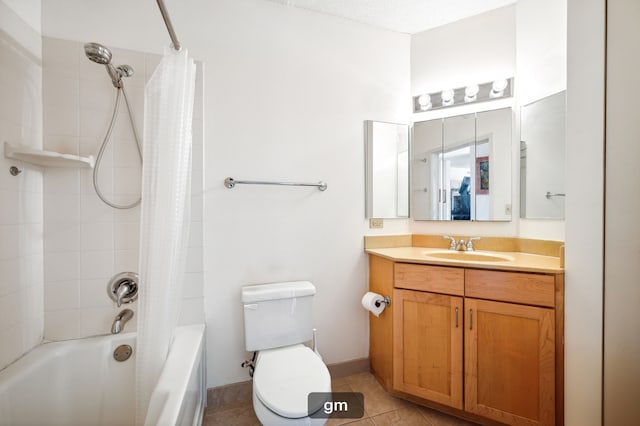 full bathroom featuring vanity, toilet, a textured ceiling, shower / bathtub combination with curtain, and tile patterned flooring