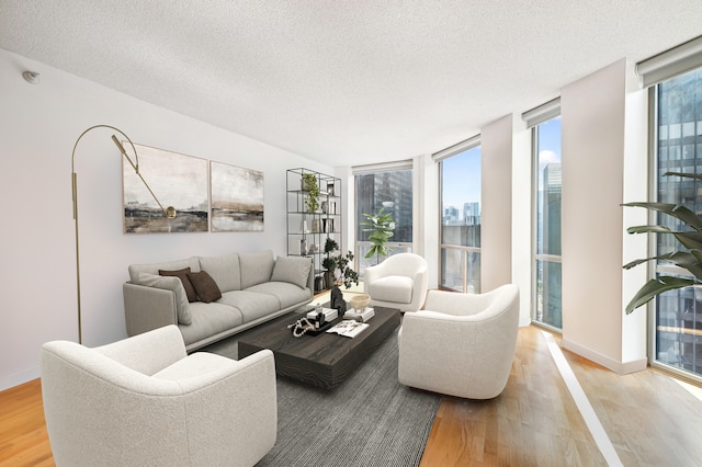 living room featuring plenty of natural light, wood-type flooring, and a textured ceiling