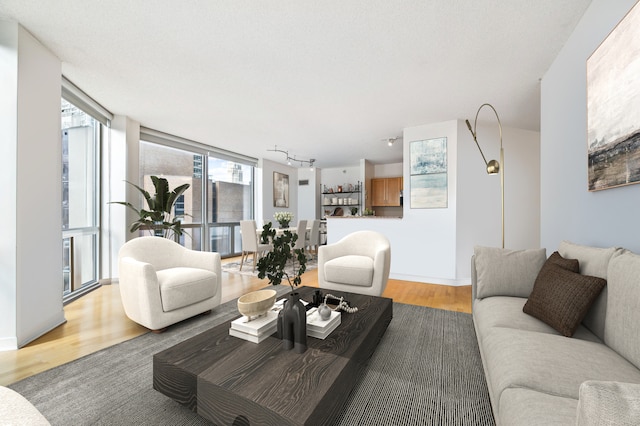 living room featuring expansive windows, rail lighting, wood-type flooring, and a textured ceiling