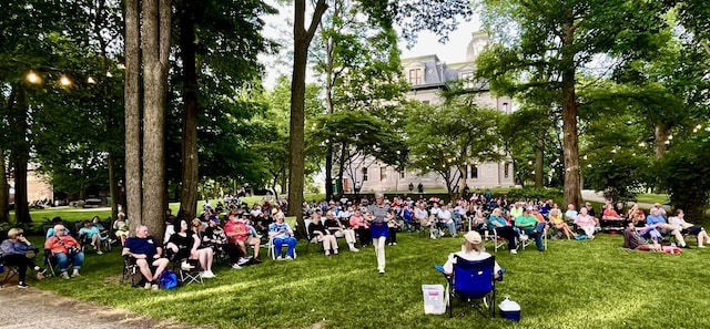 view of property's community with a lawn