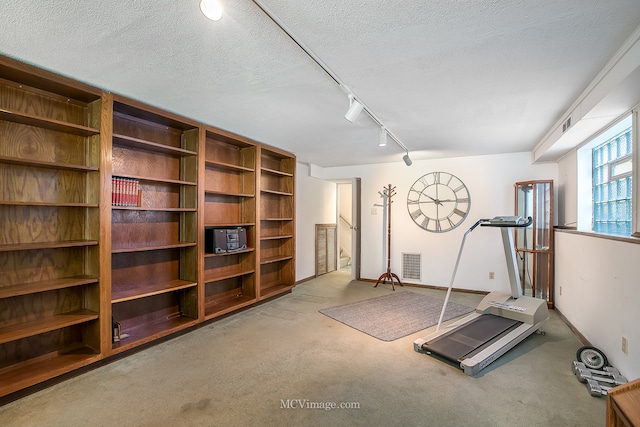 workout room featuring light colored carpet, a textured ceiling, and track lighting