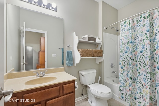 full bathroom with toilet, shower / bath combo with shower curtain, vanity, and tile patterned flooring