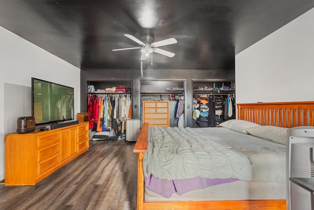 bedroom featuring multiple closets, ceiling fan, dark wood-type flooring, and radiator