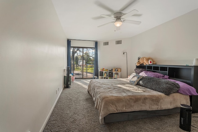 carpeted bedroom with ceiling fan and access to outside