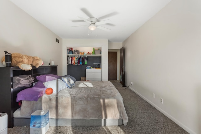 bedroom with carpet flooring, ceiling fan, and a closet