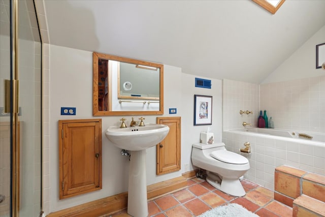 full bathroom featuring lofted ceiling, shower with separate bathtub, toilet, and tile patterned flooring