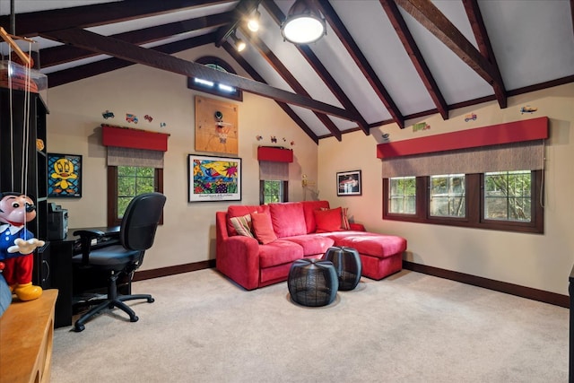 home office with beamed ceiling, carpet floors, and high vaulted ceiling