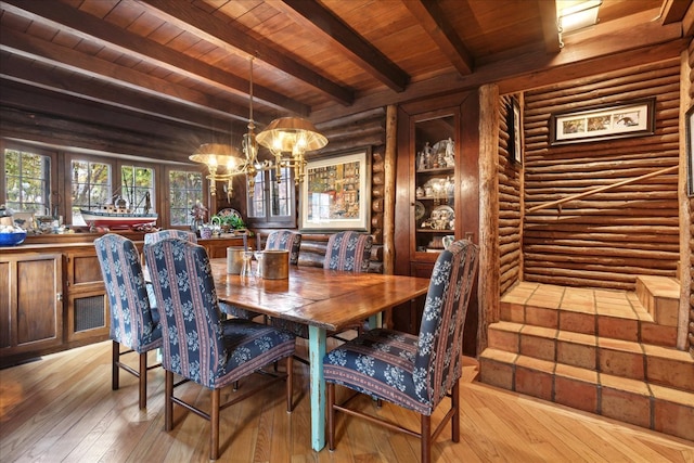 dining area with beamed ceiling, a chandelier, wooden ceiling, and light wood-type flooring