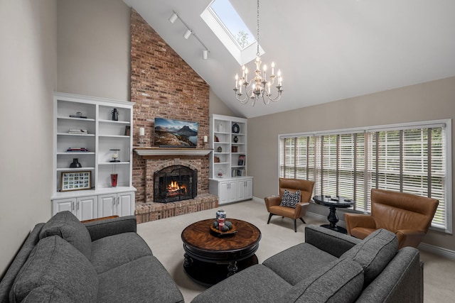 living room featuring high vaulted ceiling, light colored carpet, a chandelier, and a wealth of natural light