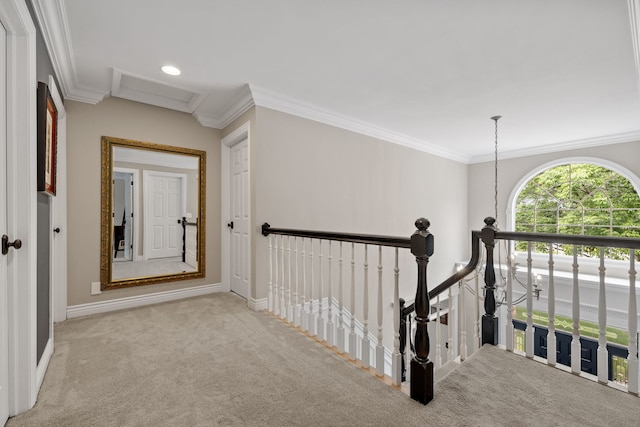 hallway featuring crown molding and light colored carpet