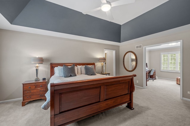 bedroom with light carpet and ceiling fan