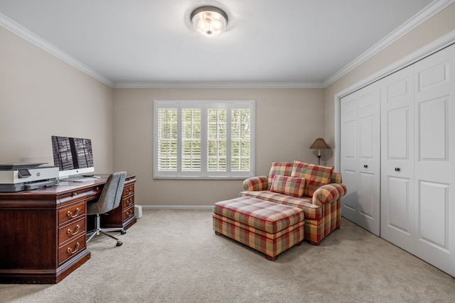 office area with ornamental molding and light colored carpet