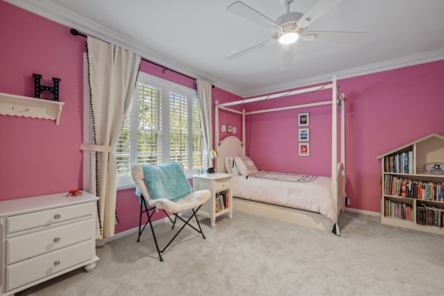 bedroom with crown molding, light colored carpet, and ceiling fan