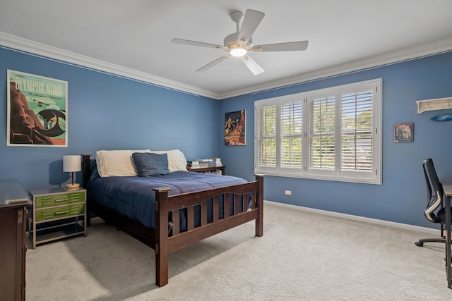 bedroom with ceiling fan, light carpet, and ornamental molding