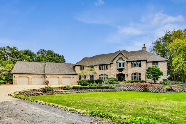 french provincial home with a garage and a front yard