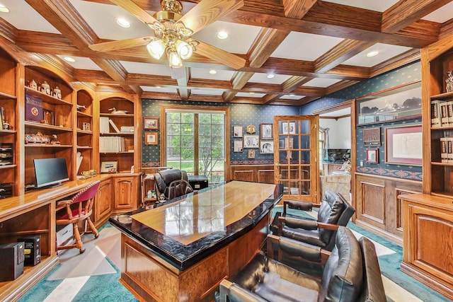 office area with beamed ceiling, ceiling fan, coffered ceiling, and crown molding