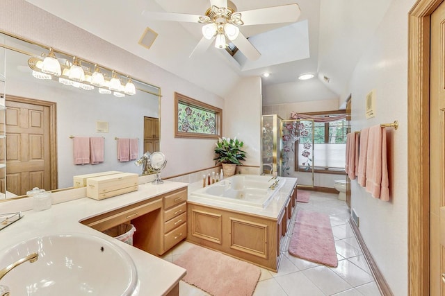 full bathroom with tile patterned flooring, vanity, plus walk in shower, vaulted ceiling, and toilet