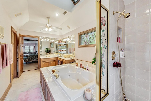 bathroom featuring ceiling fan, tile patterned floors, independent shower and bath, and vanity