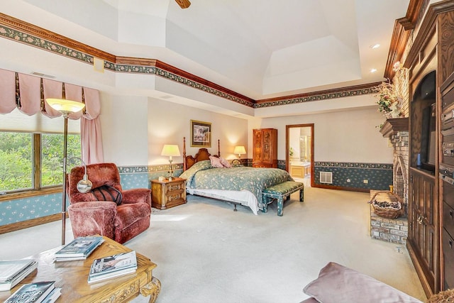 carpeted bedroom featuring a towering ceiling