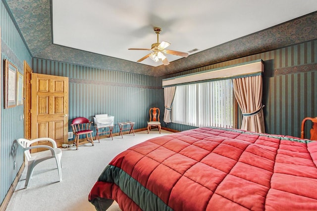 carpeted bedroom with ceiling fan