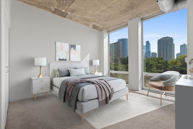 bedroom with floor to ceiling windows and carpet