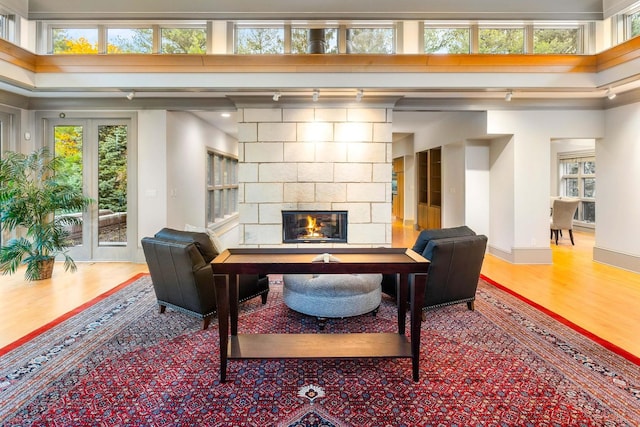 living room featuring wood-type flooring, a stone fireplace, and a high ceiling