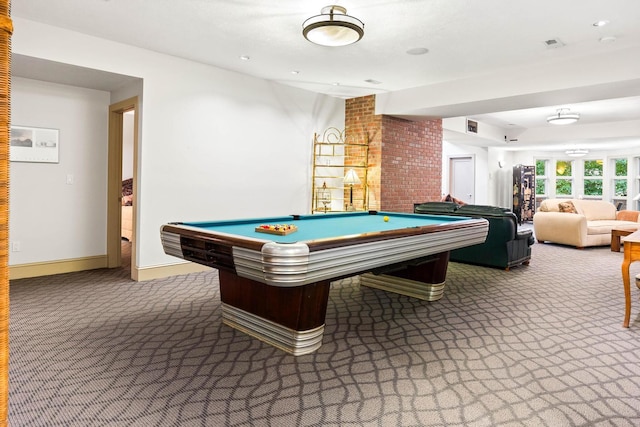 rec room featuring carpet floors and billiards