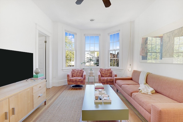 living room with a healthy amount of sunlight, ceiling fan, and light hardwood / wood-style floors