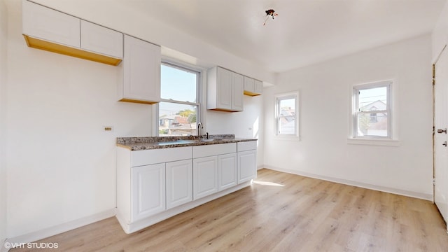 kitchen with sink, light hardwood / wood-style floors, a healthy amount of sunlight, and white cabinets