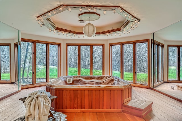 unfurnished sunroom featuring a hot tub and a healthy amount of sunlight