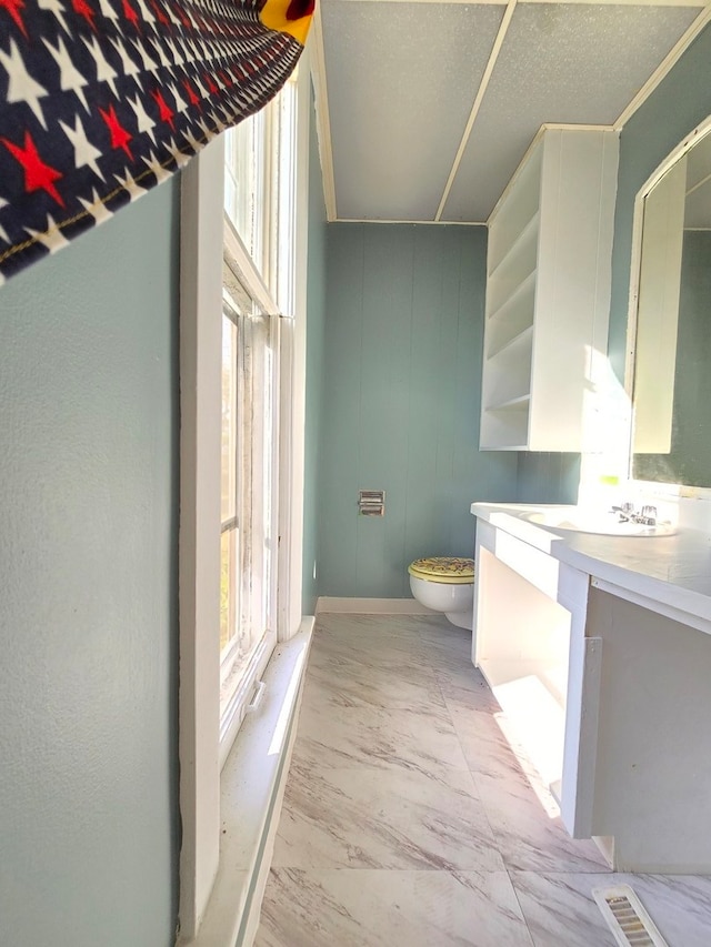 bathroom featuring ornamental molding, vanity, and toilet