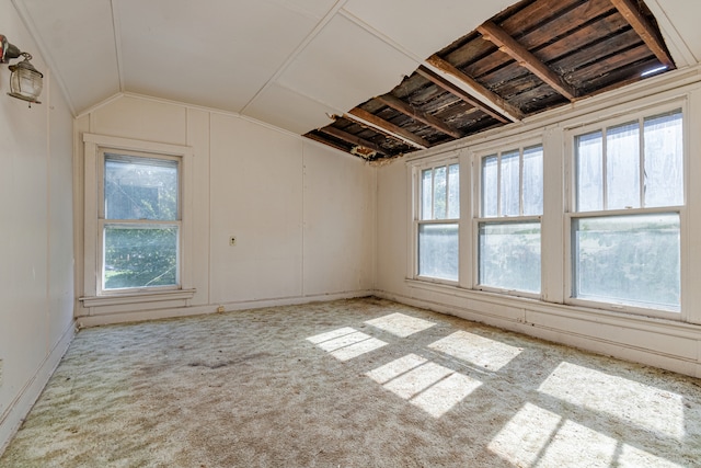 carpeted empty room featuring plenty of natural light and vaulted ceiling