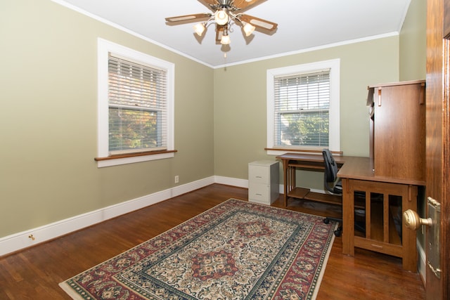 office area featuring ornamental molding, ceiling fan, and dark wood-type flooring