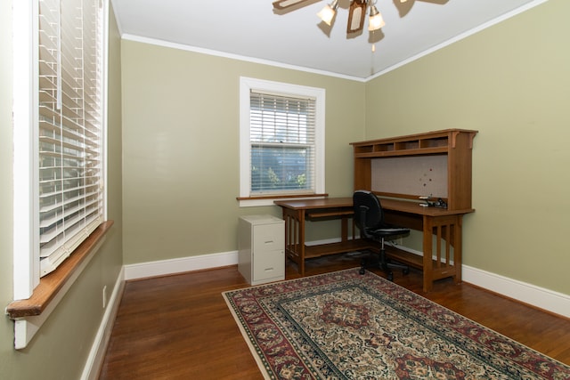 home office with ceiling fan, ornamental molding, and dark wood-type flooring