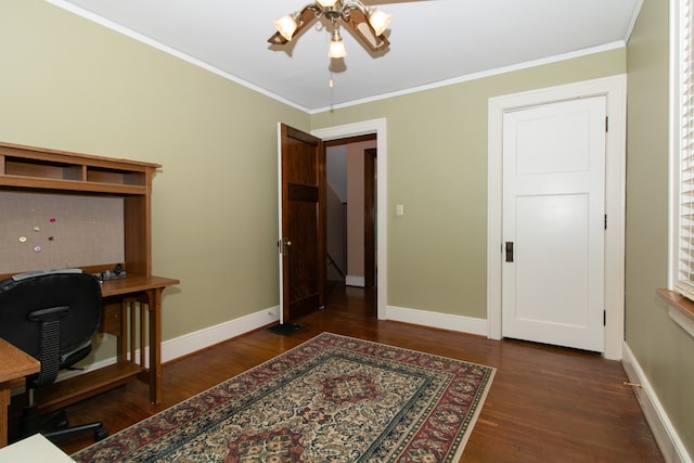 office with ceiling fan, ornamental molding, and dark wood-type flooring