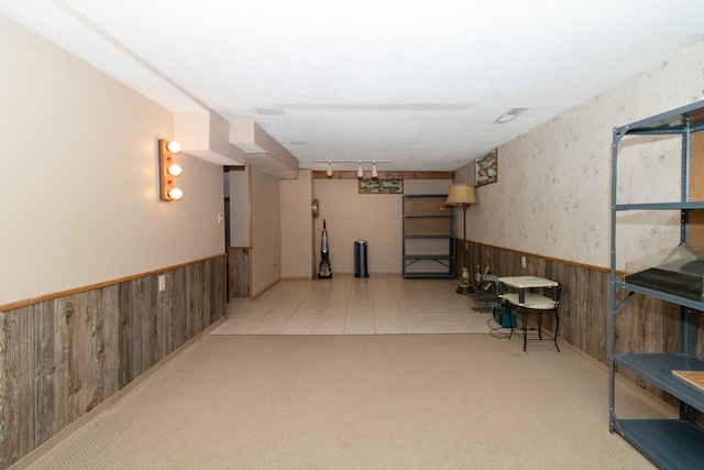 basement with track lighting and wood walls