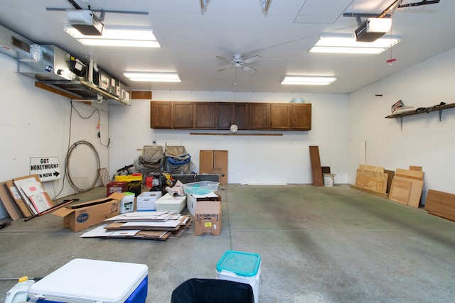 garage featuring a garage door opener and ceiling fan