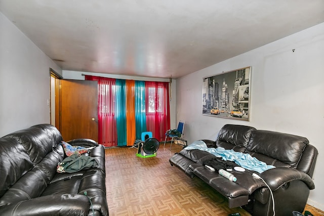 living room with parquet flooring