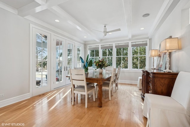 sunroom with french doors, ceiling fan, coffered ceiling, and beam ceiling