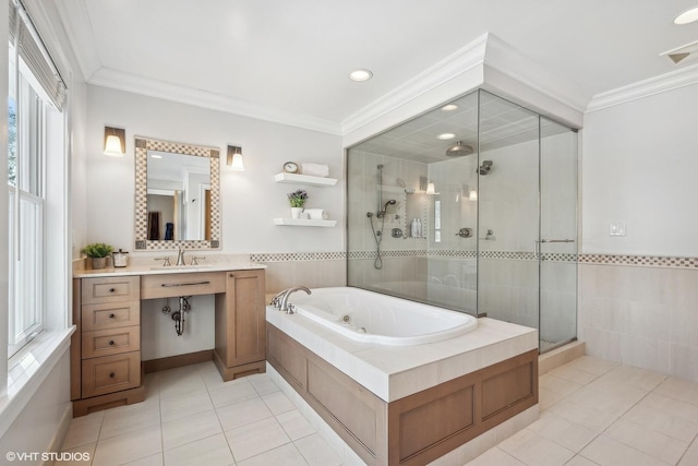 bathroom featuring crown molding, shower with separate bathtub, and tile patterned floors