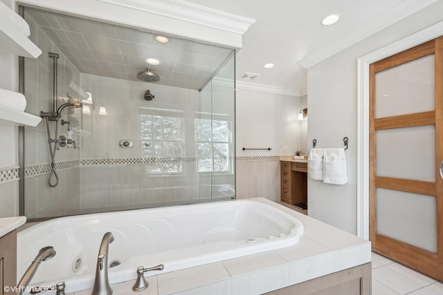 bathroom featuring independent shower and bath, vanity, and ornamental molding